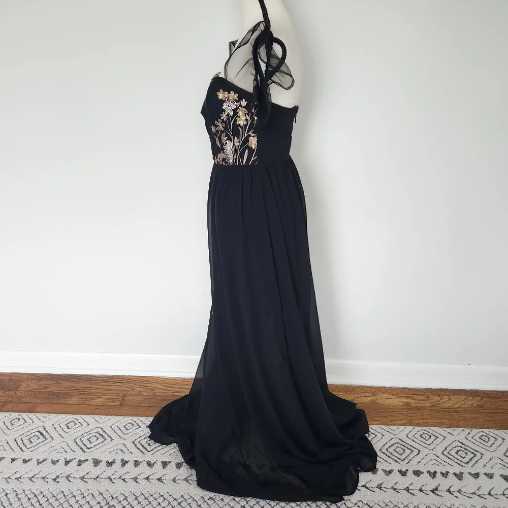 Soieblu Black Gown Dress Gold Floral Sequins Embroidery Whimsigoth Fairy Witchy - Picture 2 of 14